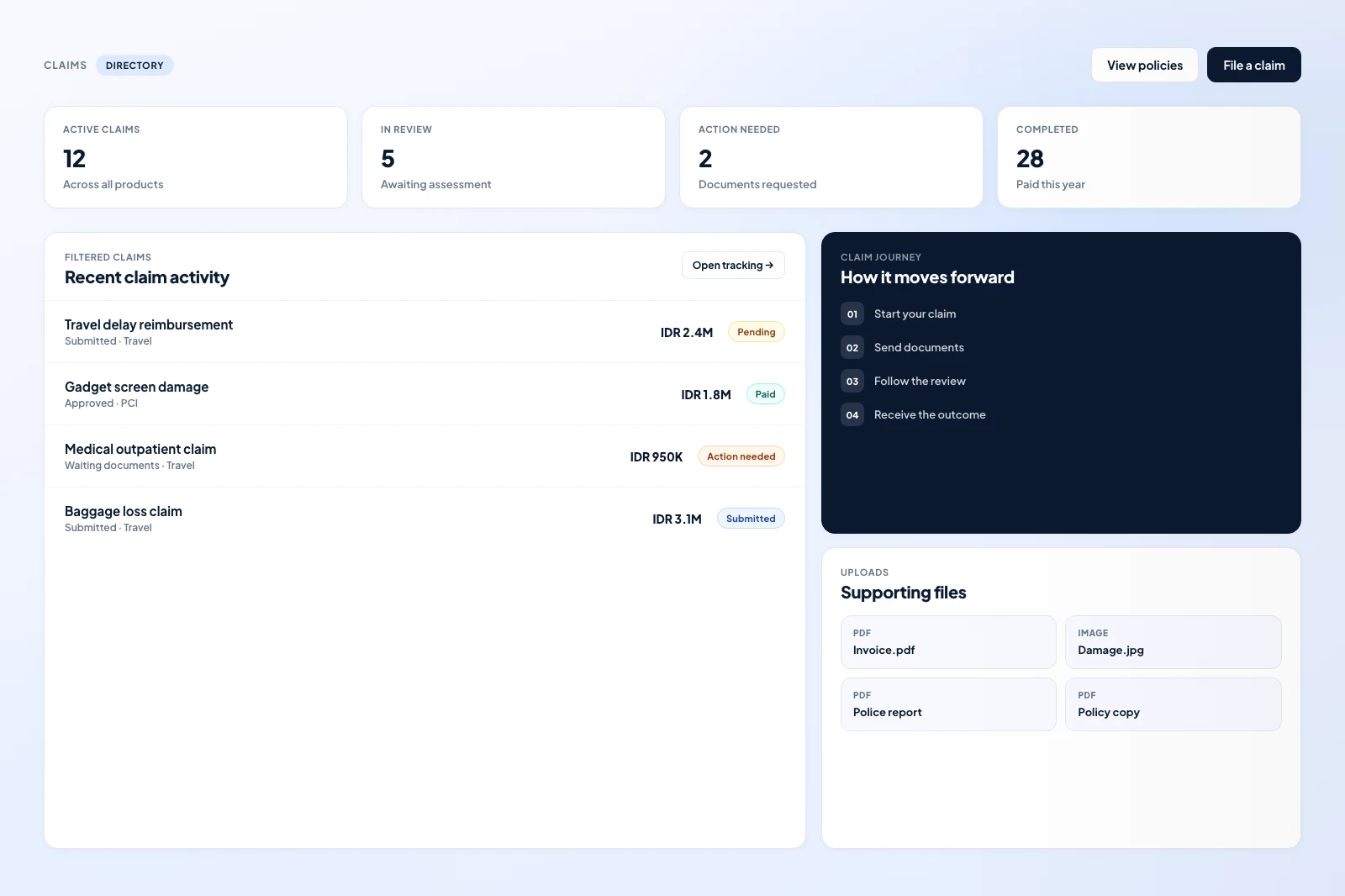 EzClaim portal dashboard showing claim status, document uploads, and policy coverage